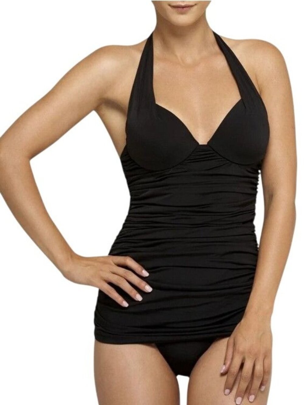 NATORI Black Push Up Plunge Maillot One Piece Swimsuit Pin-Up Retro 6B/C NEW $87